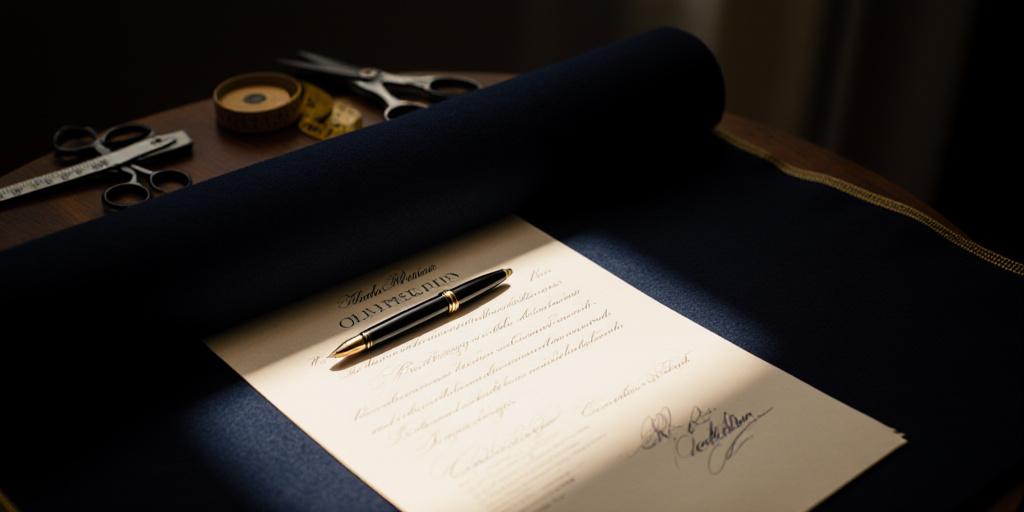 Un sarto che firma un documento ufficiale sopra un tessuto pregiato