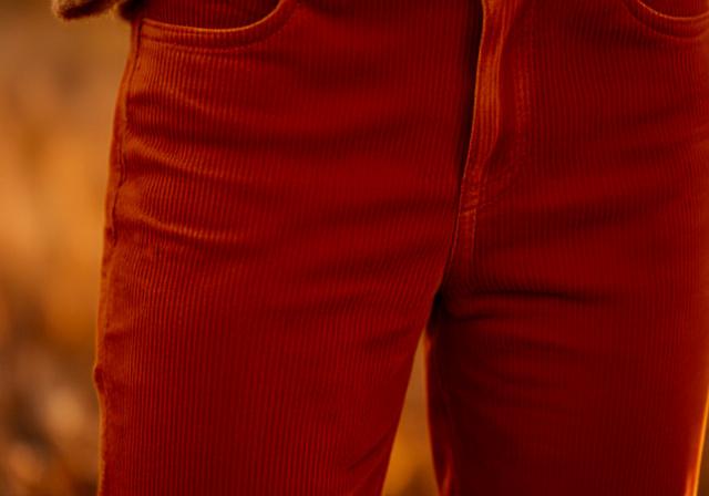 Dettaglio di pantaloni in velluto a coste color ruggine
